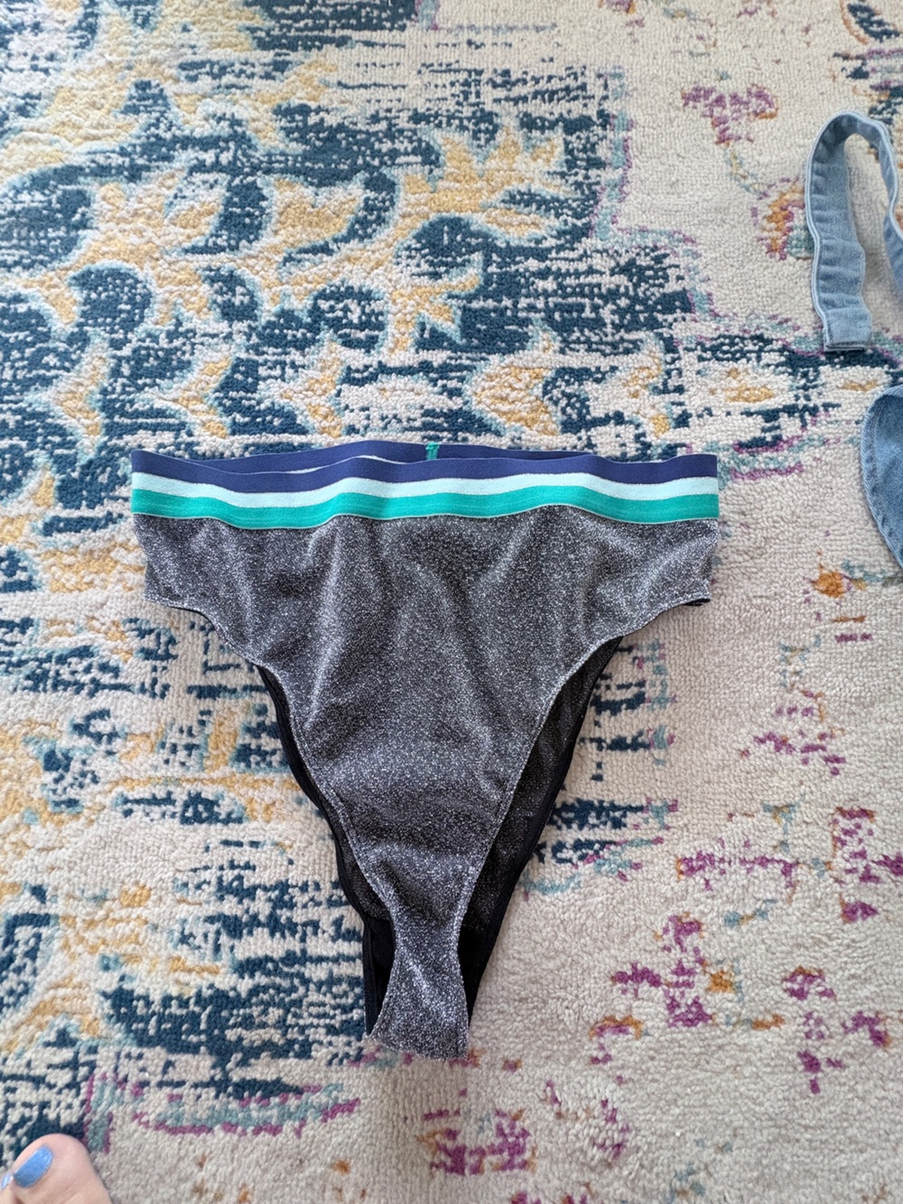 Free People Shimmery Charcoal High-Cut Panty with Blue & Teal Waistband